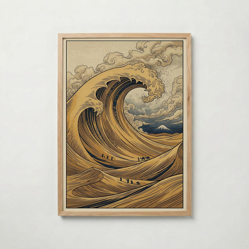 Desert Wave Poster – inramad i ekram med vit passepartout mot ljusgrå bakgrund