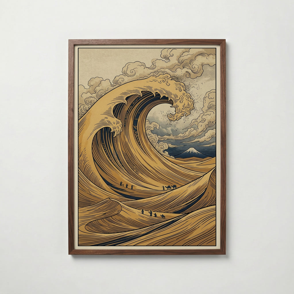 Desert Wave Poster – inramad i valnötsram med varm träkänsla och passepartout