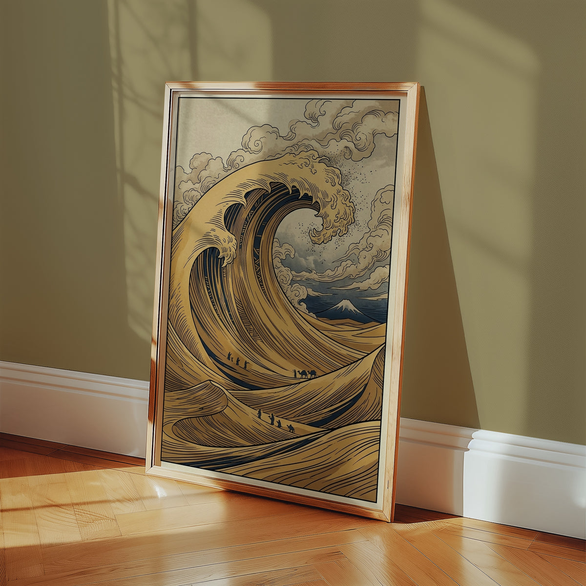 Desert Wave Poster på beige vägg bredvid soffa med linnekuddar i naturliga toner