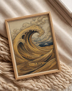 Desert Wave Poster i stilrent kontorsrum med böcker och keramik på hylla