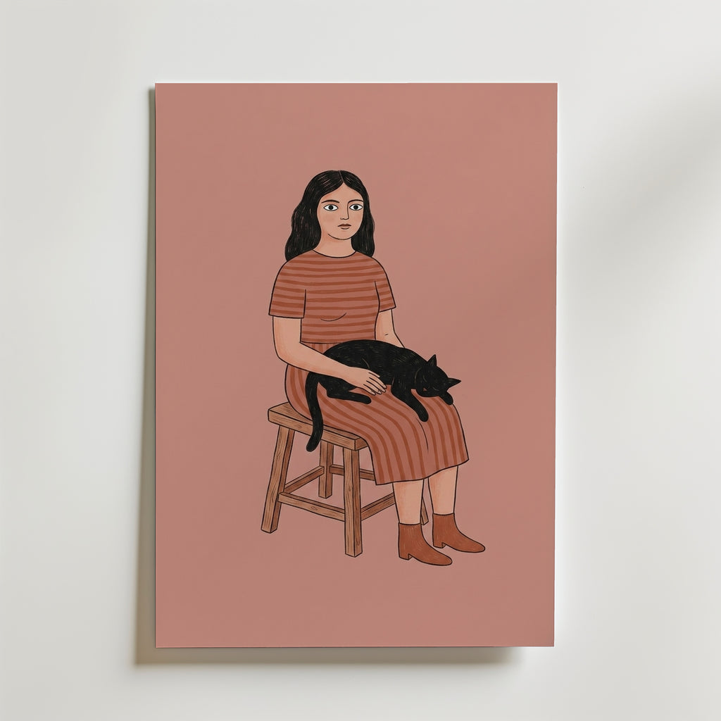 Girl and Cat Poster – naiv folkkonst med kvinna och svart katt, tryckt i Sverige