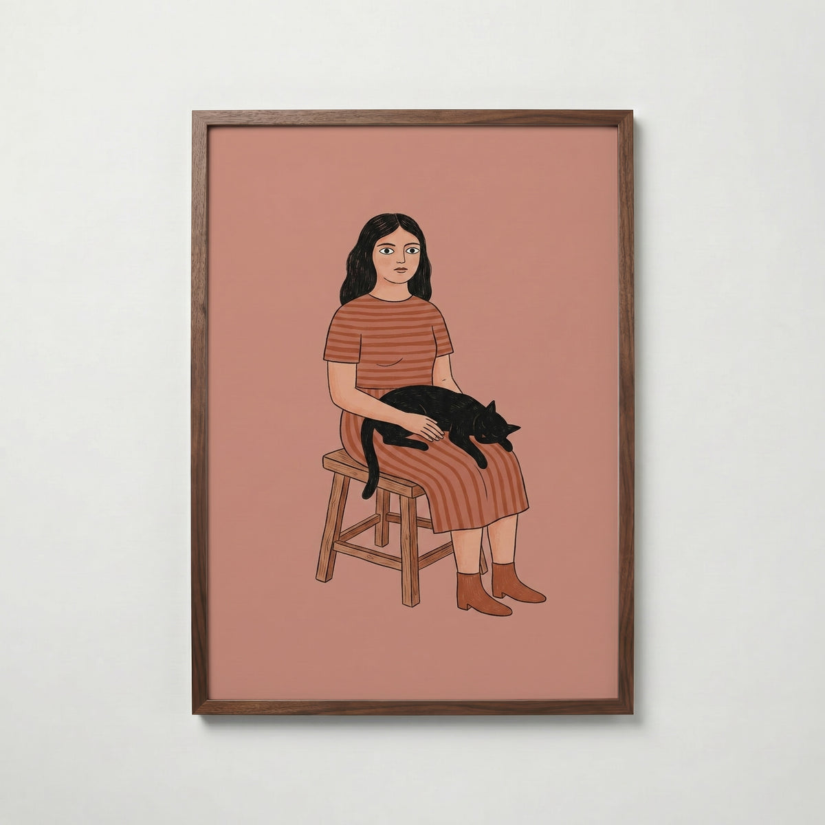 Girl and Cat Poster i valnötsram – Bozetto poster art