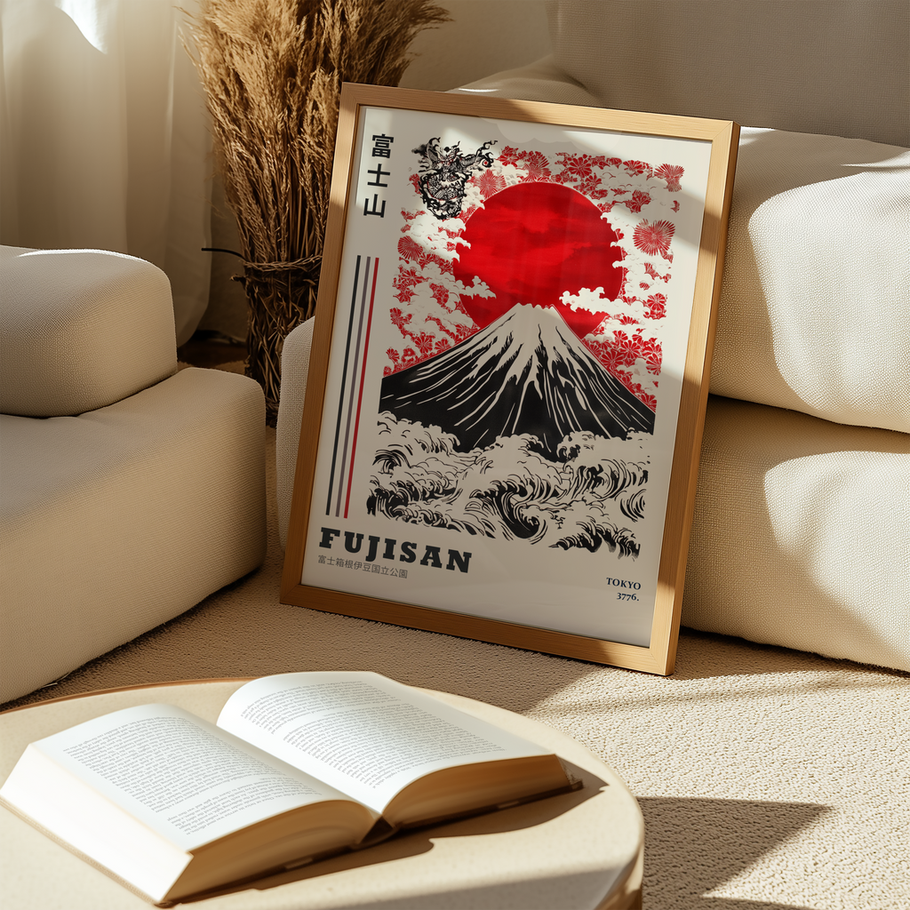 Väggmockup av Fujisan Tokyo affisch på ljus tegelvägg – Bozetto konsttryck i hög tryckkvalitet