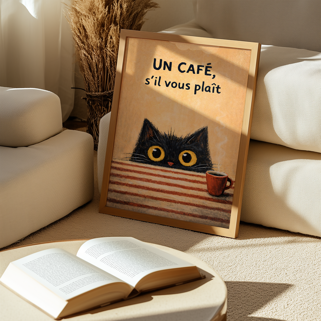 Mockup av Un Café, S’il Vous Plaît affisch på vägg – köp enkelt hos Bozetto i hög kvalitet