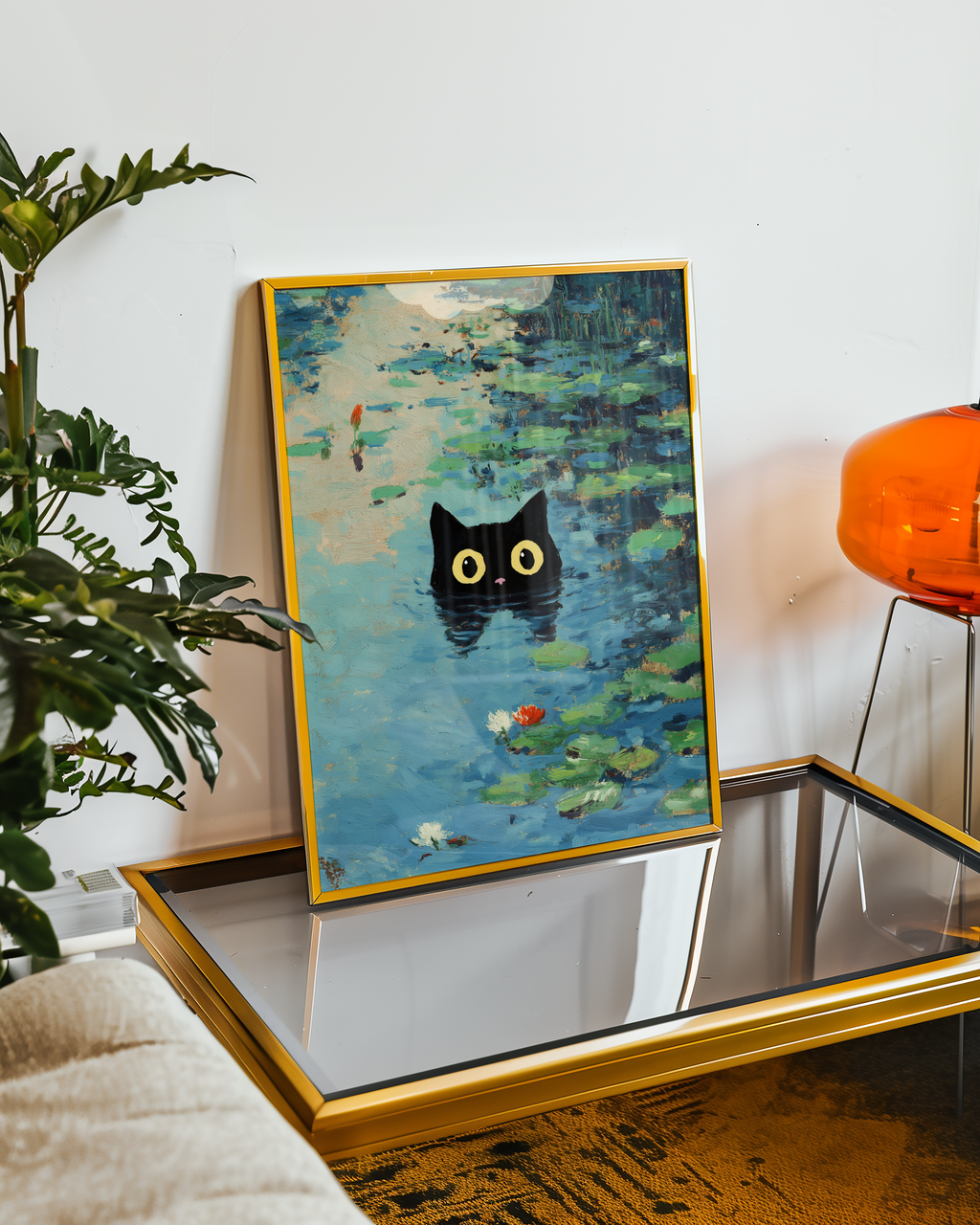 Väggmockup av Waterlily Cat affisch på ljus tegelvägg – Bozetto konsttryck i hög tryckkvalitet