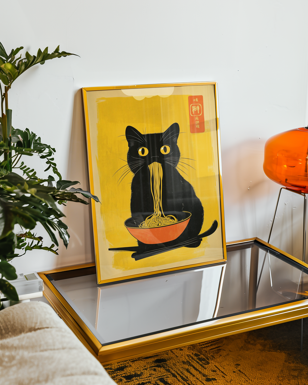 Mockup av Black Cat Eats Noodle affisch på vägg – köp enkelt hos Bozetto i hög kvalitet