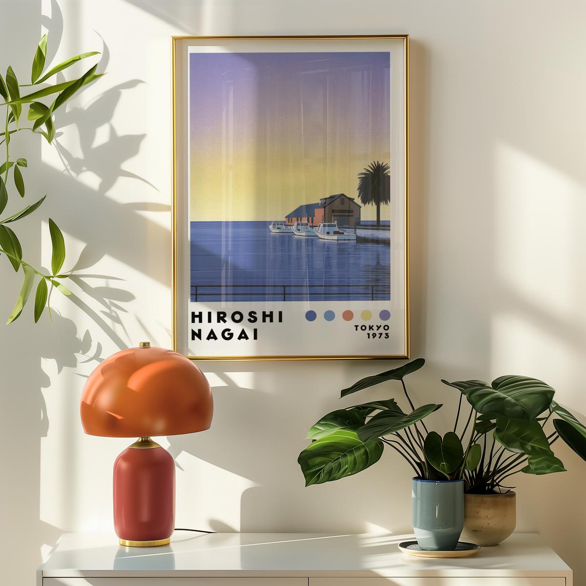 Hiroshi Nagai Sunset Marina poster visualiserad på vägg – från Bozetto i hög kvalitet