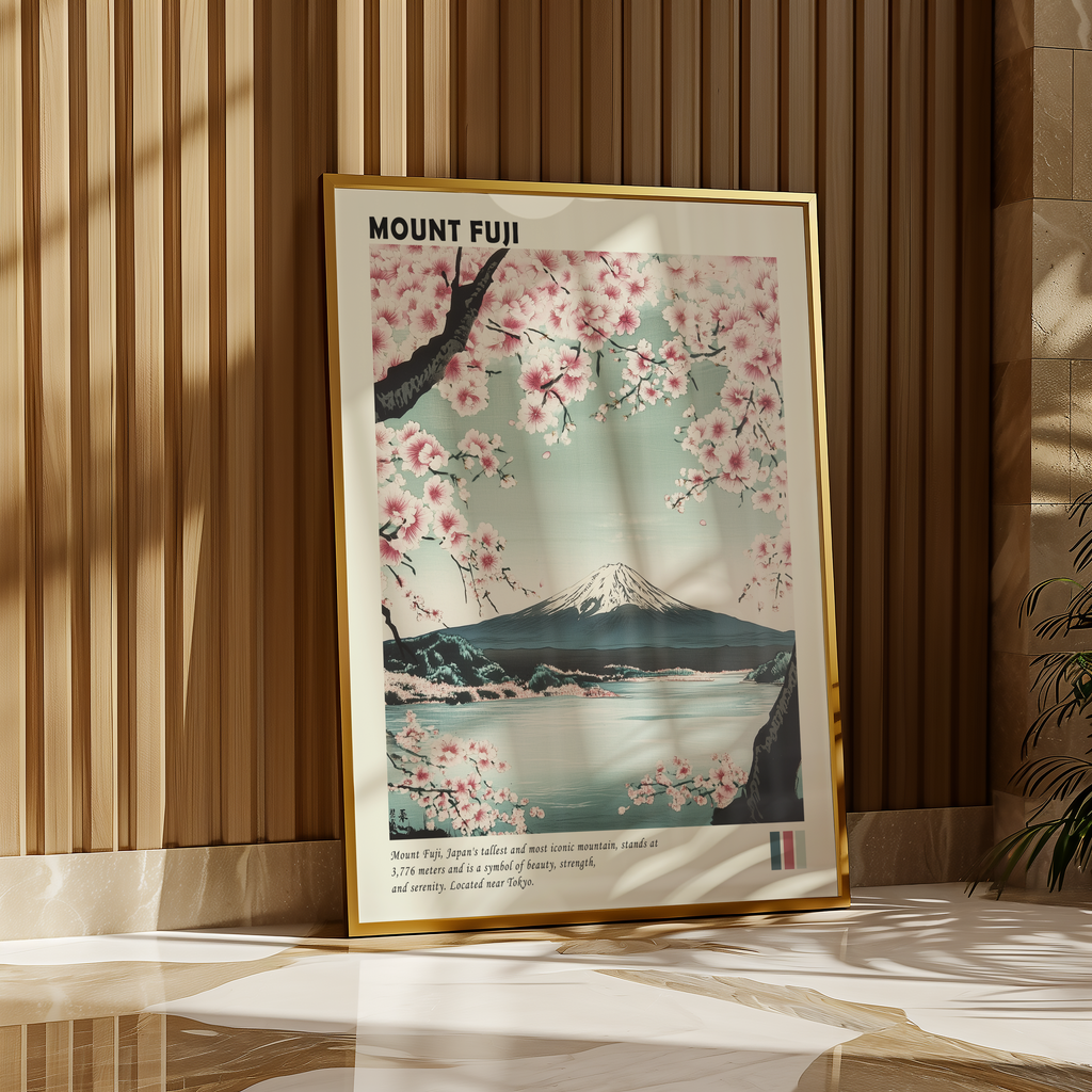 Mockup av Mount Fuji Japan affisch på vägg – köp enkelt hos Bozetto i hög kvalitet