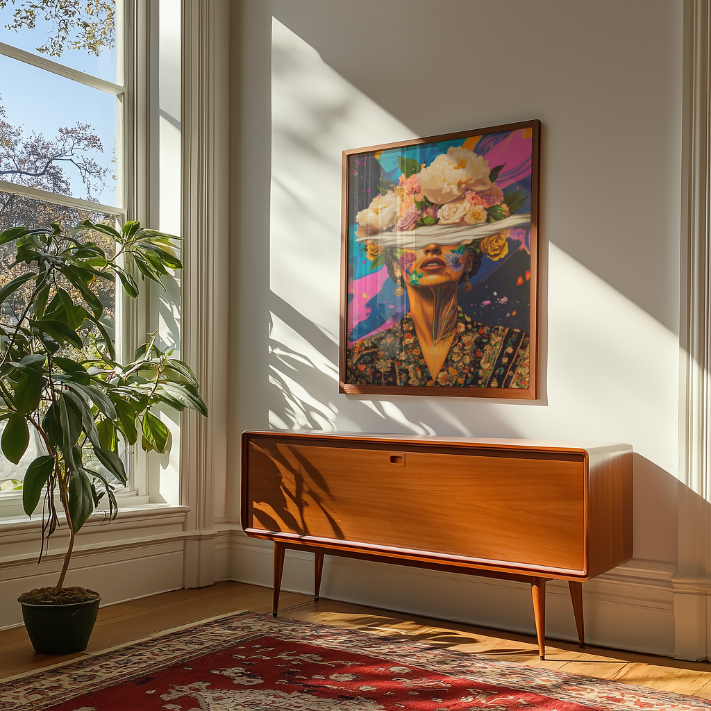 Mockup av Floral Kahlo Mindscape affisch på vägg – köp enkelt hos Bozetto i hög kvalitet