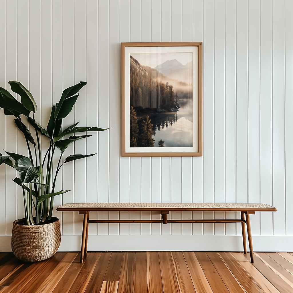 Mockup av Between the Misty Peaks affisch på vägg – köp enkelt hos Bozetto i hög kvalitet