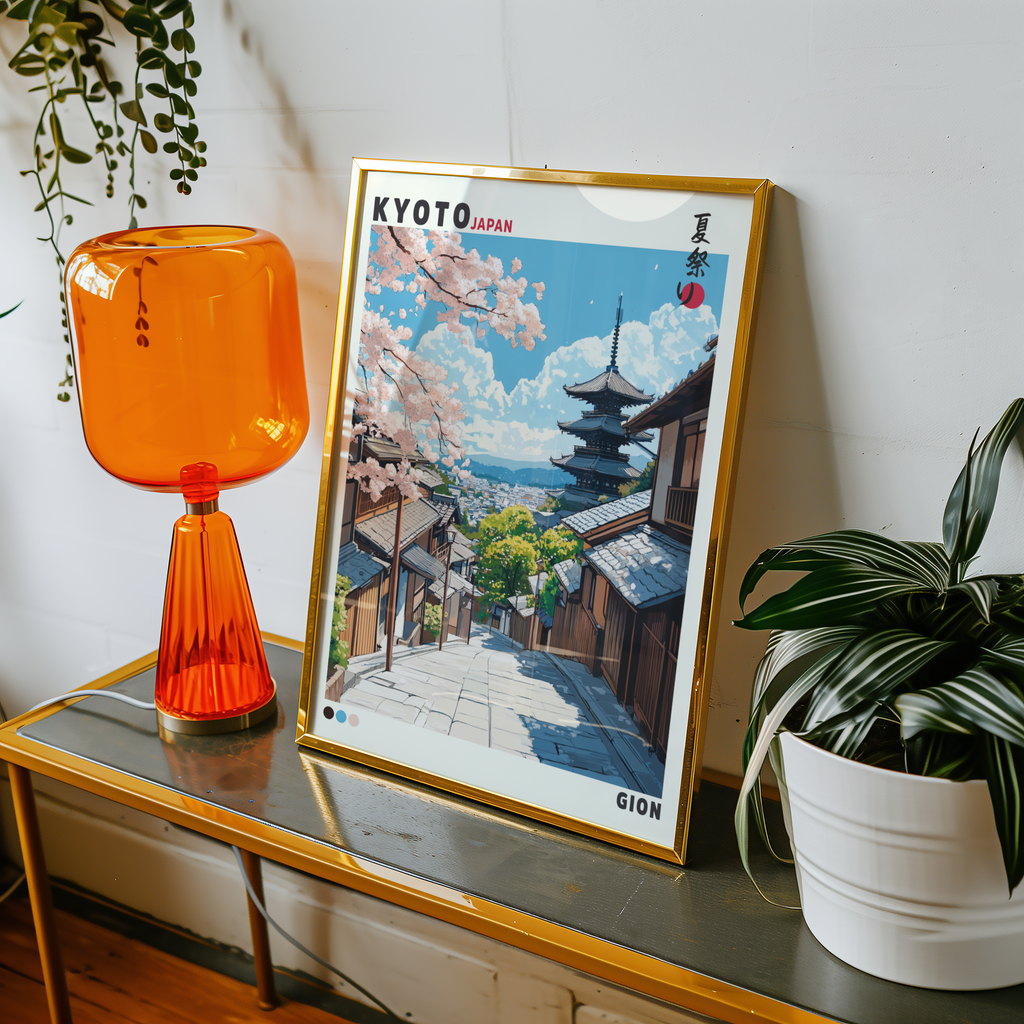 Väggmockup av Kyoto Japan affisch på ljus tegelvägg – Bozetto konsttryck i hög tryckkvalitet