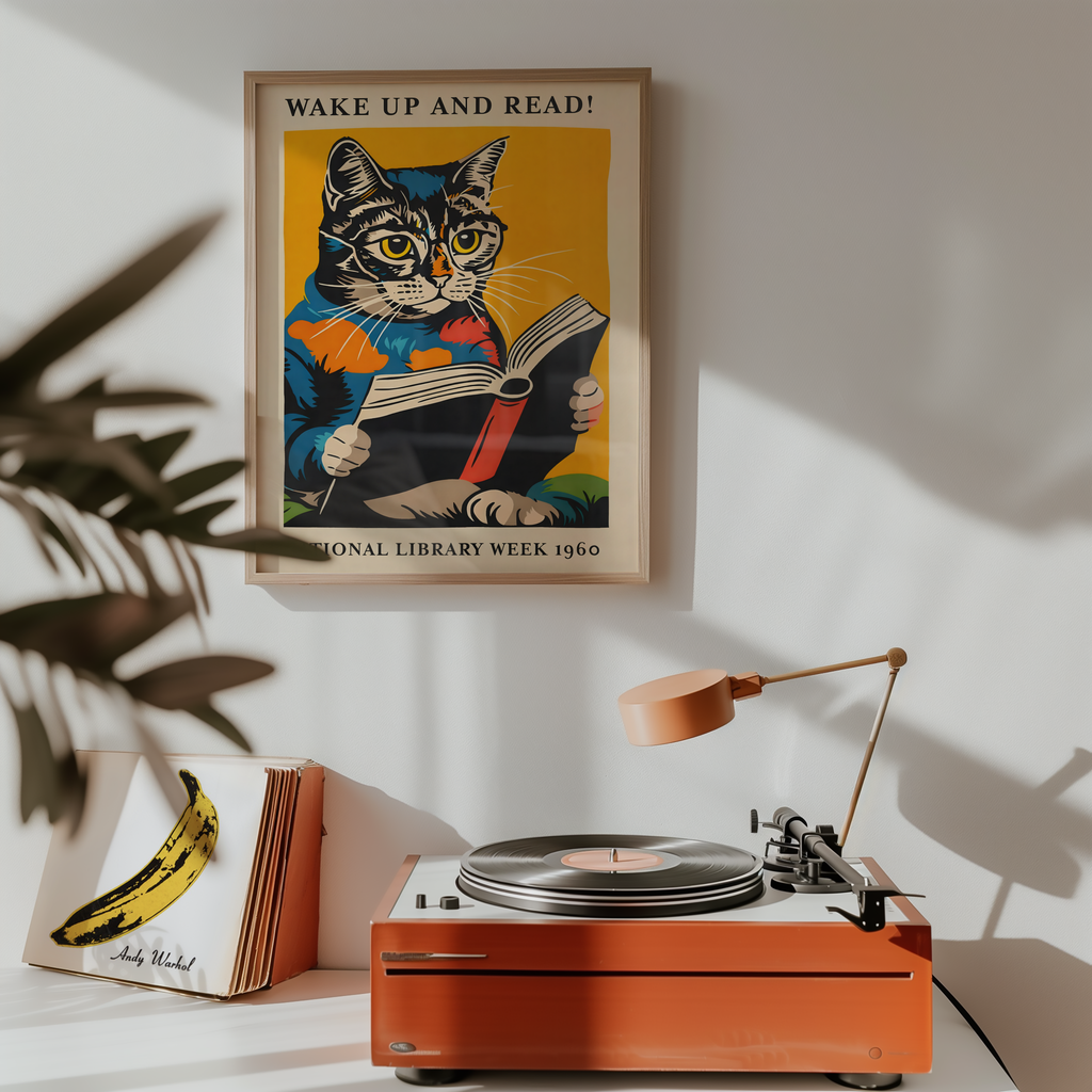Mockup av Wake Up and Read affisch på vägg – köp enkelt hos Bozetto i hög kvalitet