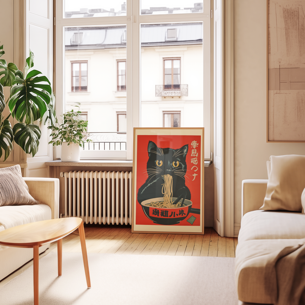 Mockup av Cat Eating Ramen affisch på vägg – köp enkelt hos Bozetto i hög kvalitet