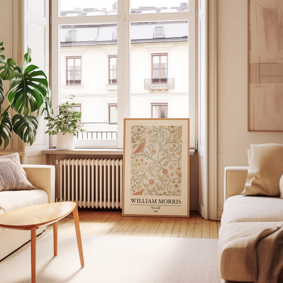 Mockup av William Morris Newill affisch på vägg – köp enkelt hos Bozetto i hög kvalitet