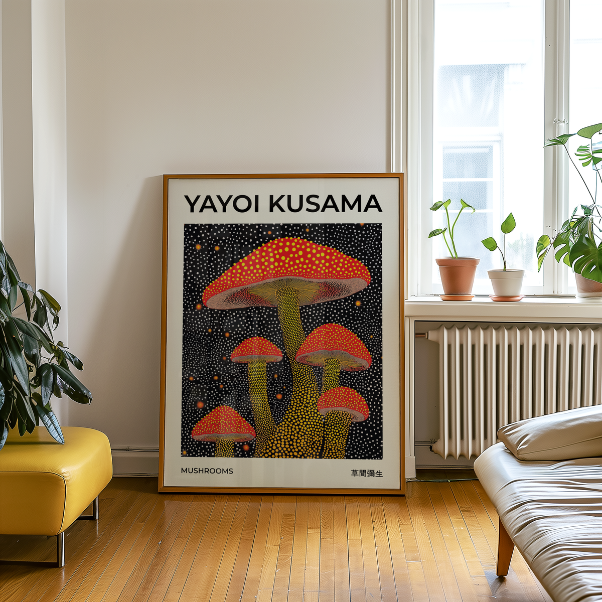 Yayoi Kusama Mushrooms poster visualiserad på vägg – stilren mockup från Bozetto