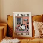 Mockup av Spaghetti Comfort Cat affisch på vägg – köp enkelt hos Bozetto i hög kvalitet