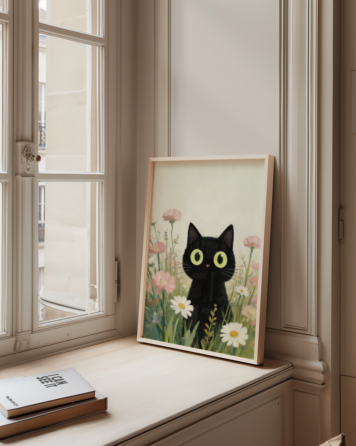 Mockup av Curious Meadow Cat affisch på vägg – köp enkelt hos Bozetto i hög kvalitet