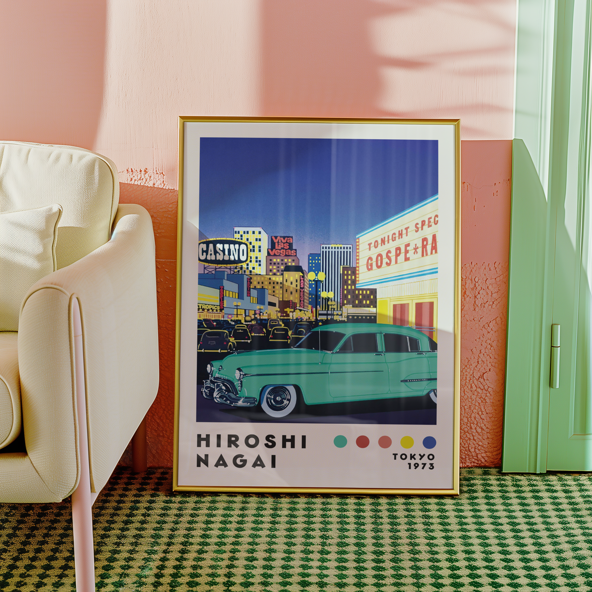 Hiroshi Nagai Viva Vegas poster visualiserad på vägg – från Bozetto i hög kvalitet