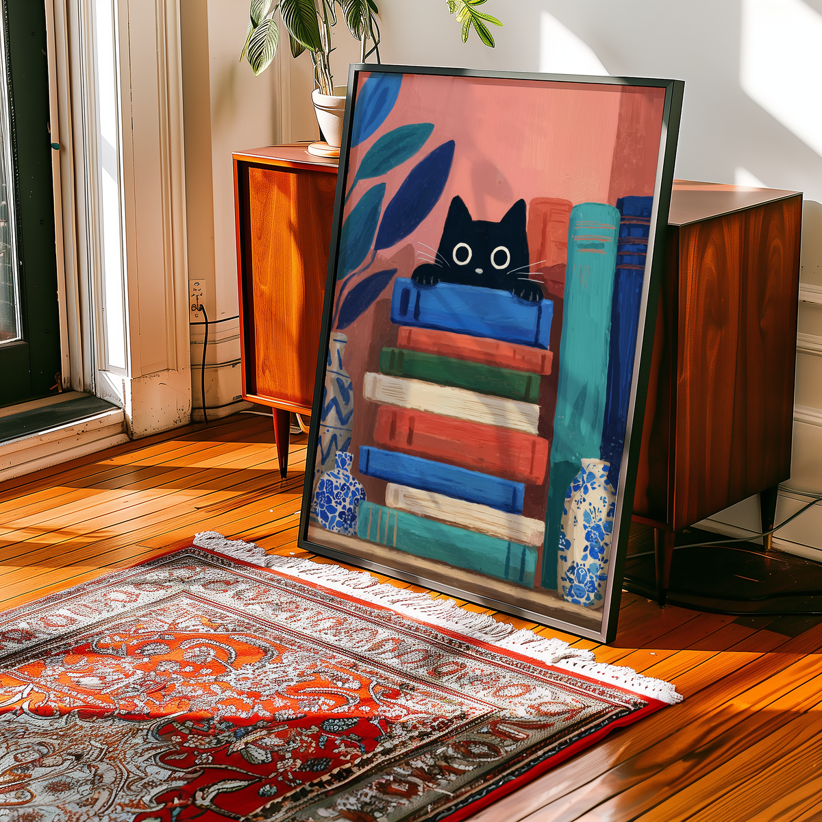 Mockup av Curious Book Cat affisch på vägg – köp enkelt hos Bozetto i hög kvalitet
