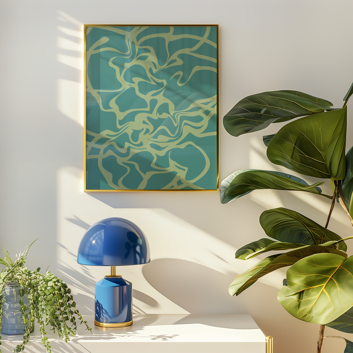 Mockup av Teal Organic Flow affisch på vägg – köp enkelt hos Bozetto i hög kvalitet