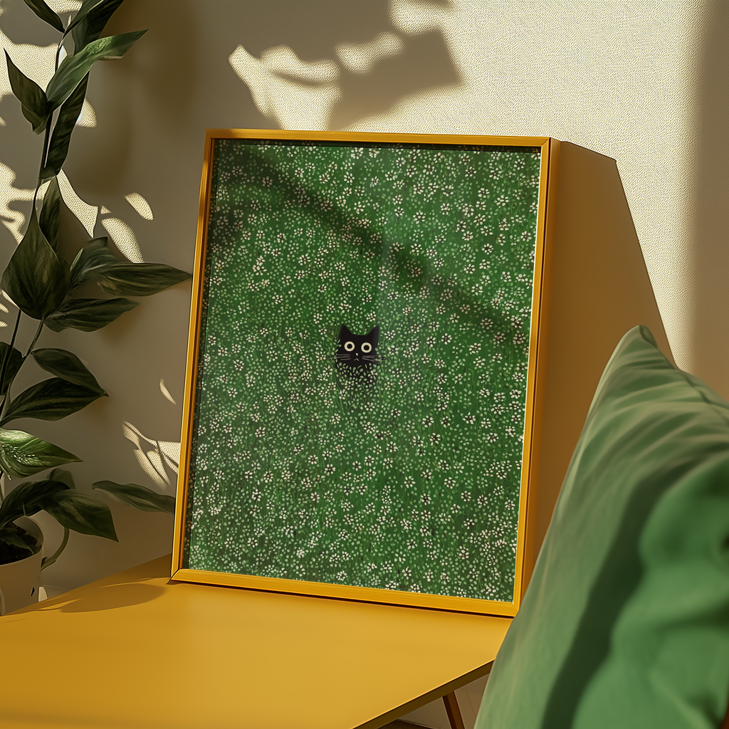 Mockup av Hidden Meadow Cat affisch på vägg – köp enkelt hos Bozetto i hög kvalitet