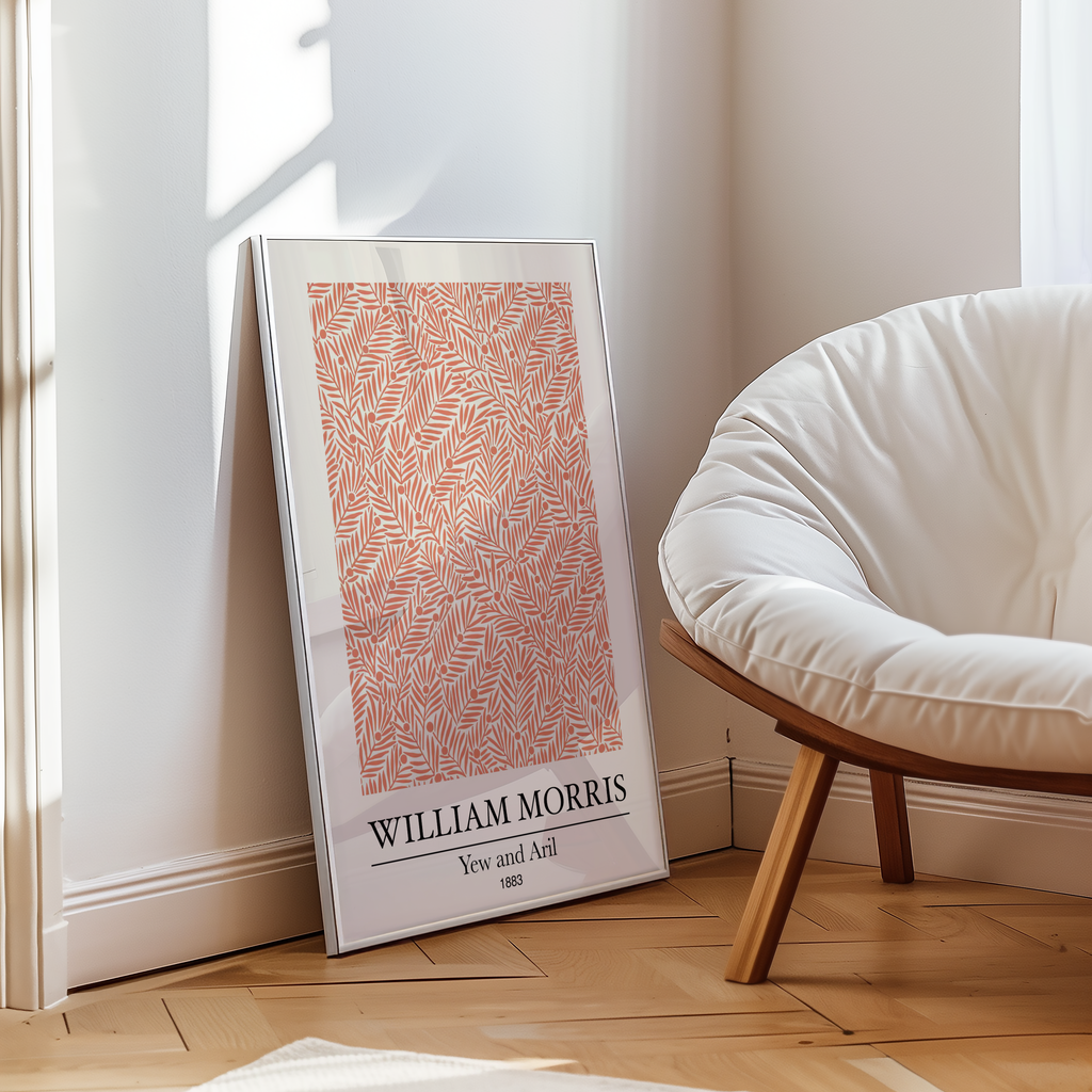 Mockup av William Morris Yew and Aril affisch på vägg – köp enkelt hos Bozetto i hög kvalitet