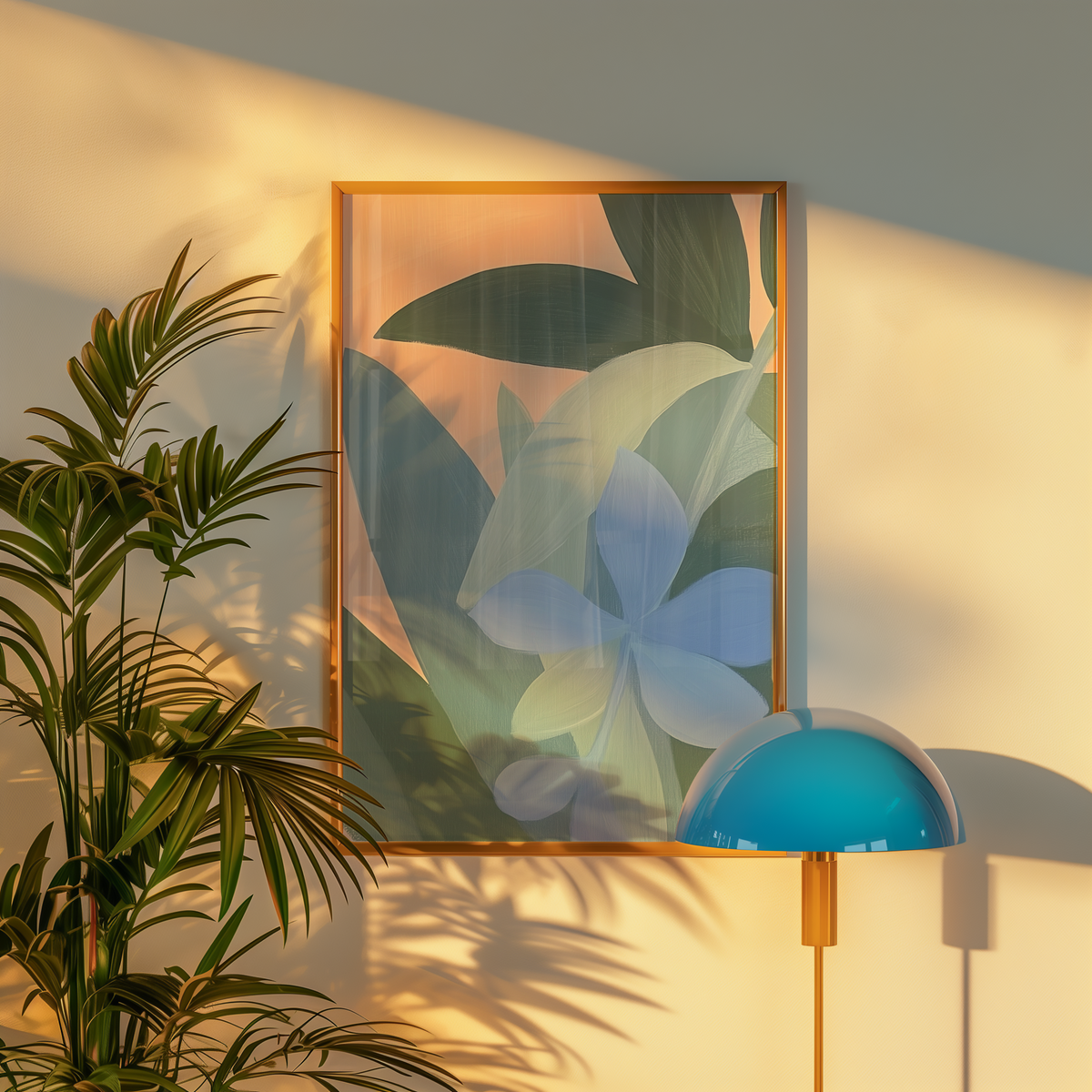 Mockup av Abstract Blue Flowers affisch på vägg – köp enkelt hos Bozetto i hög kvalitet
