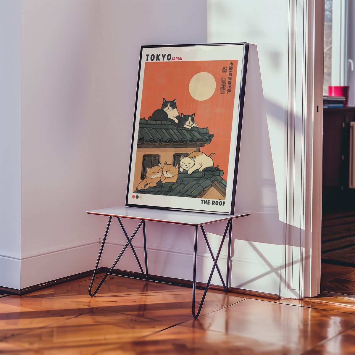 Mockup av Tokyo Cat Roof affisch på vägg – köp enkelt hos Bozetto i hög kvalitet