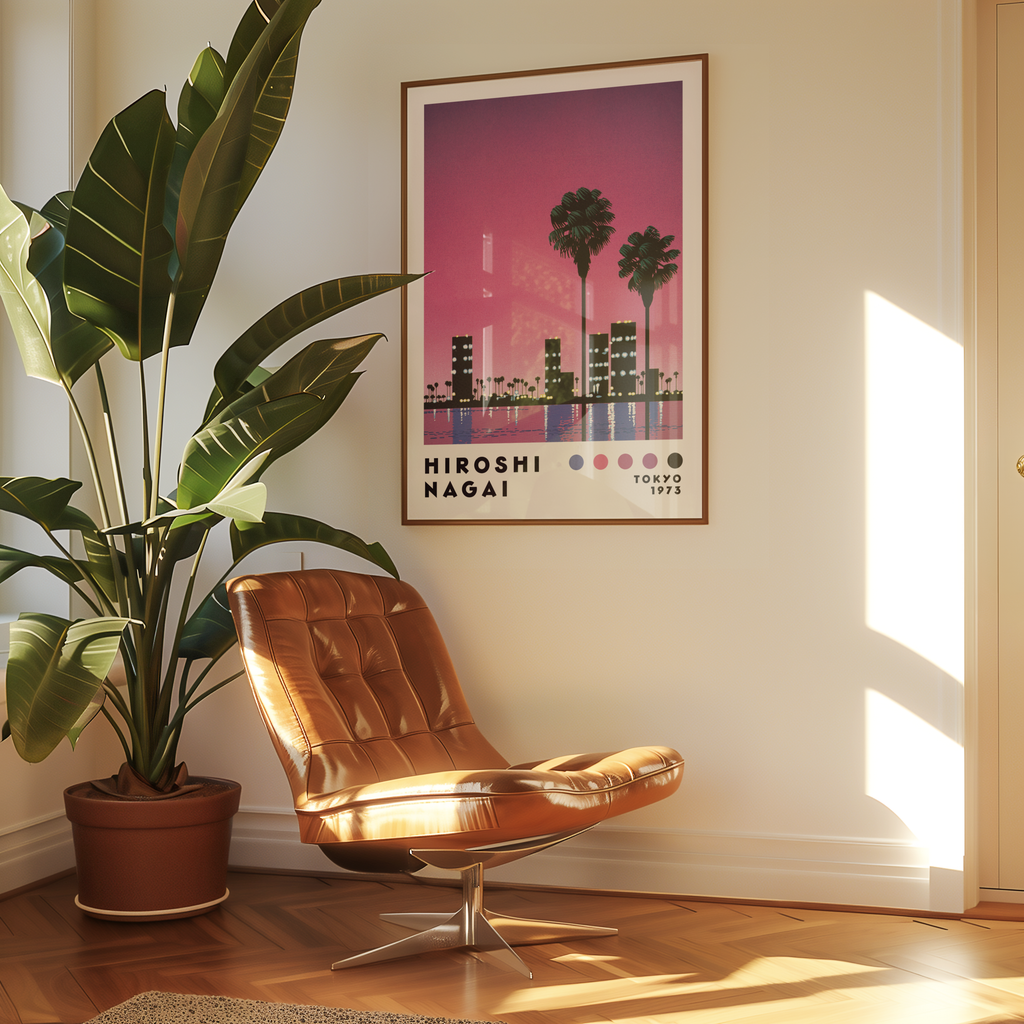 Hiroshi Nagai Pink Sunset poster visualiserad på vägg – från Bozetto i hög kvalitet