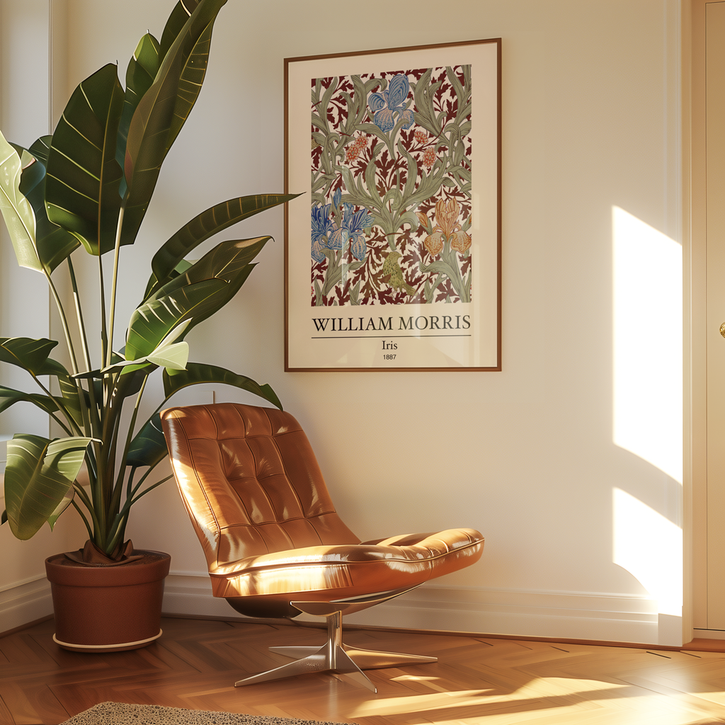 Mockup av William Morris Iris affisch på vägg – köp enkelt hos Bozetto i hög kvalitet
