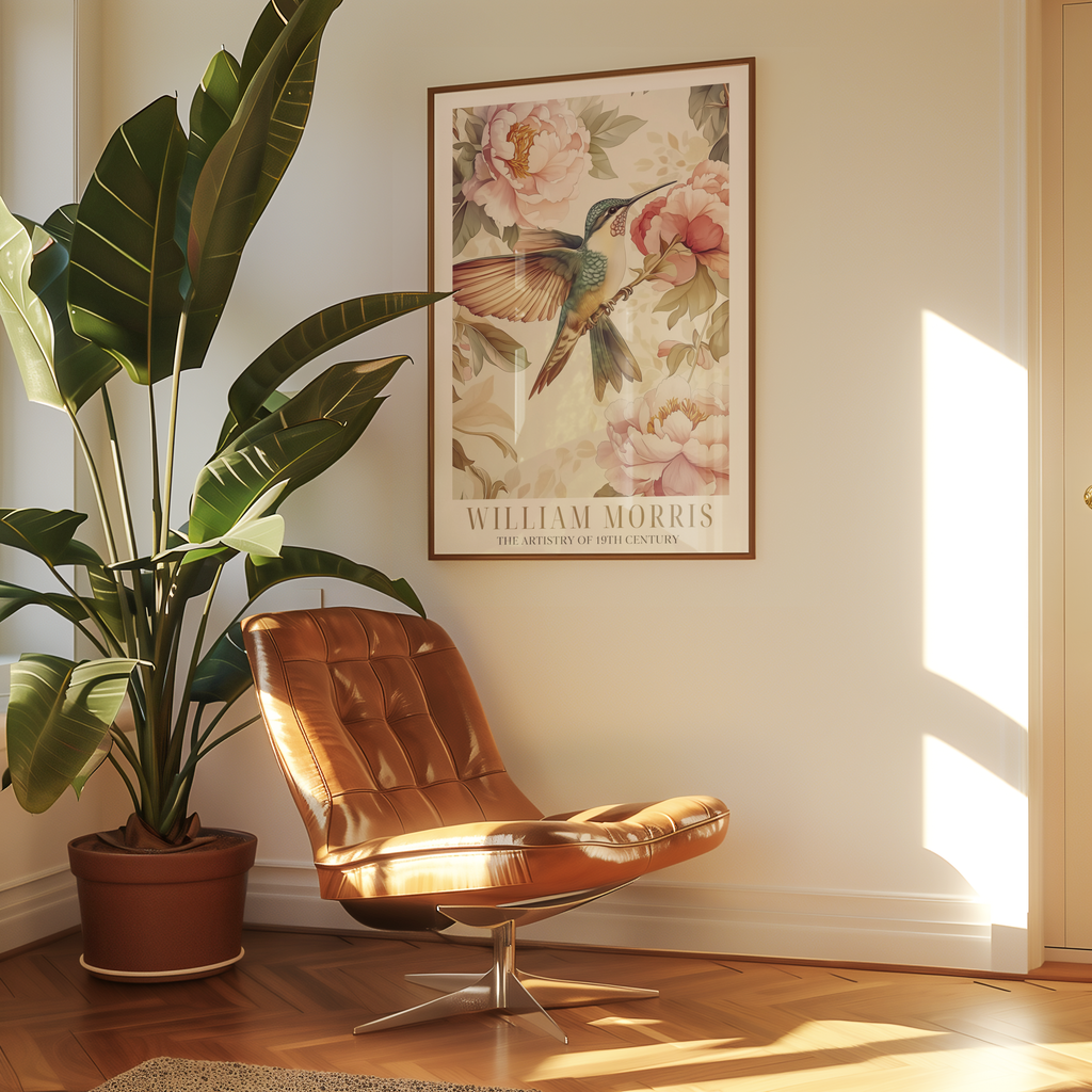 Mockup av The Hummingbird Garden affisch på vägg – köp enkelt hos Bozetto i hög kvalitet
