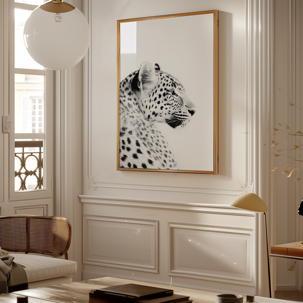 Mockup av Black and White Leopard affisch på vägg – köp enkelt hos Bozetto i hög kvalitet