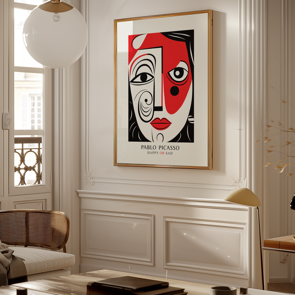 Mockup av Picasso Happy Or Sad affisch på vägg – köp enkelt hos Bozetto i hög kvalitet