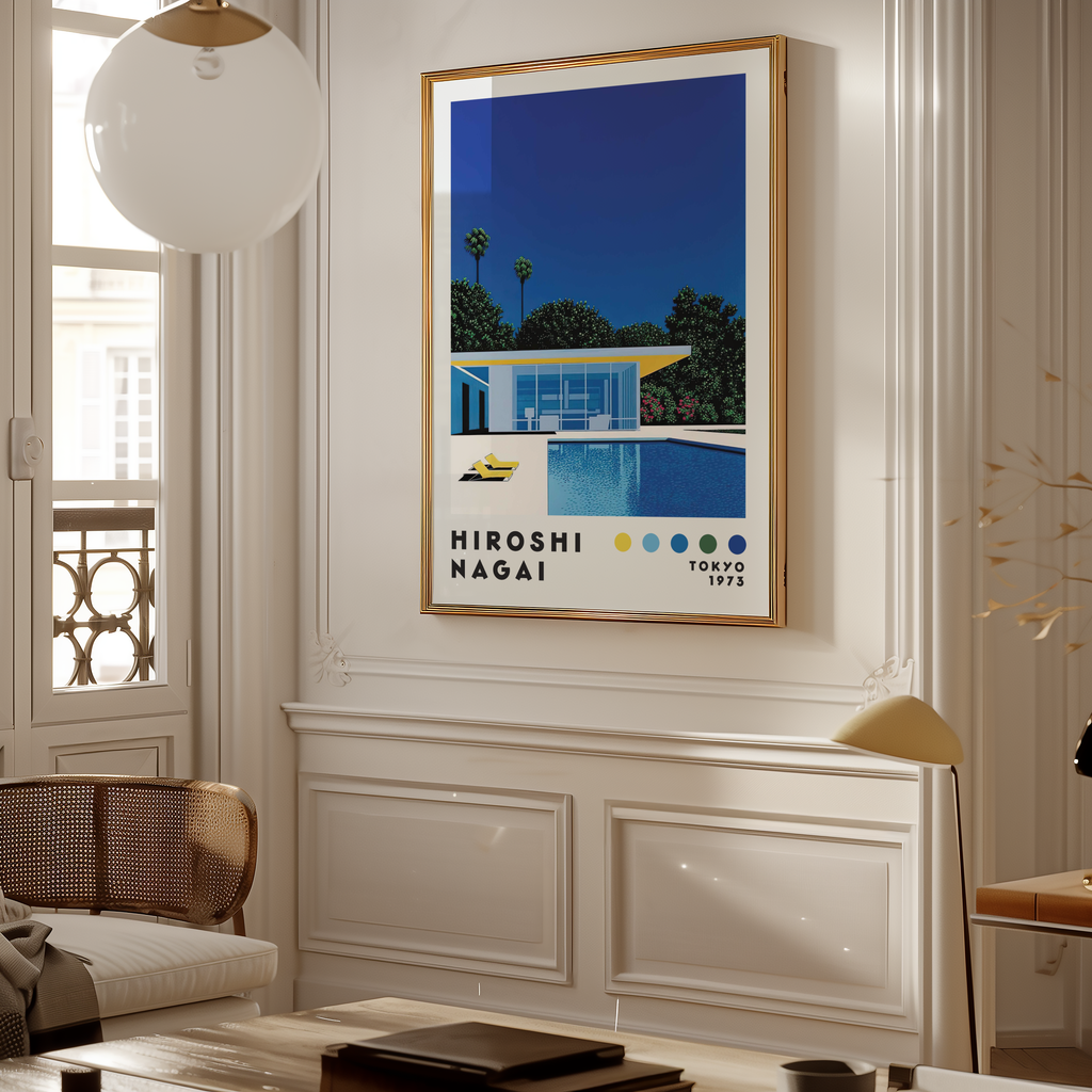 Hiroshi Nagai Poolside Villa poster visualiserad på vägg – från Bozetto i hög kvalitet