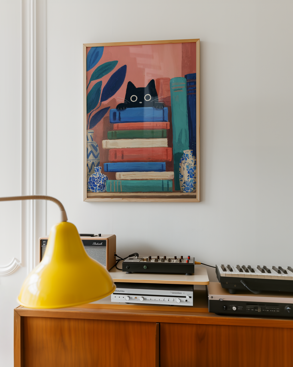 Väggmockup av Curious Book Cat affisch på ljus tegelvägg – Bozetto konsttryck i hög tryckkvalitet