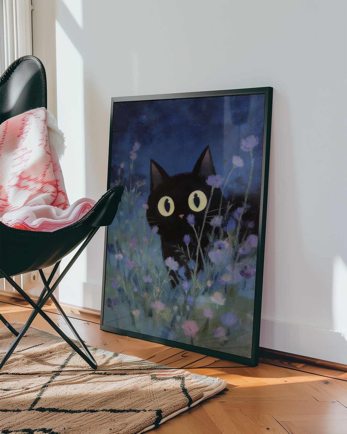 Mockup av Night Whisper Cat affisch på vägg – köp enkelt hos Bozetto i hög kvalitet