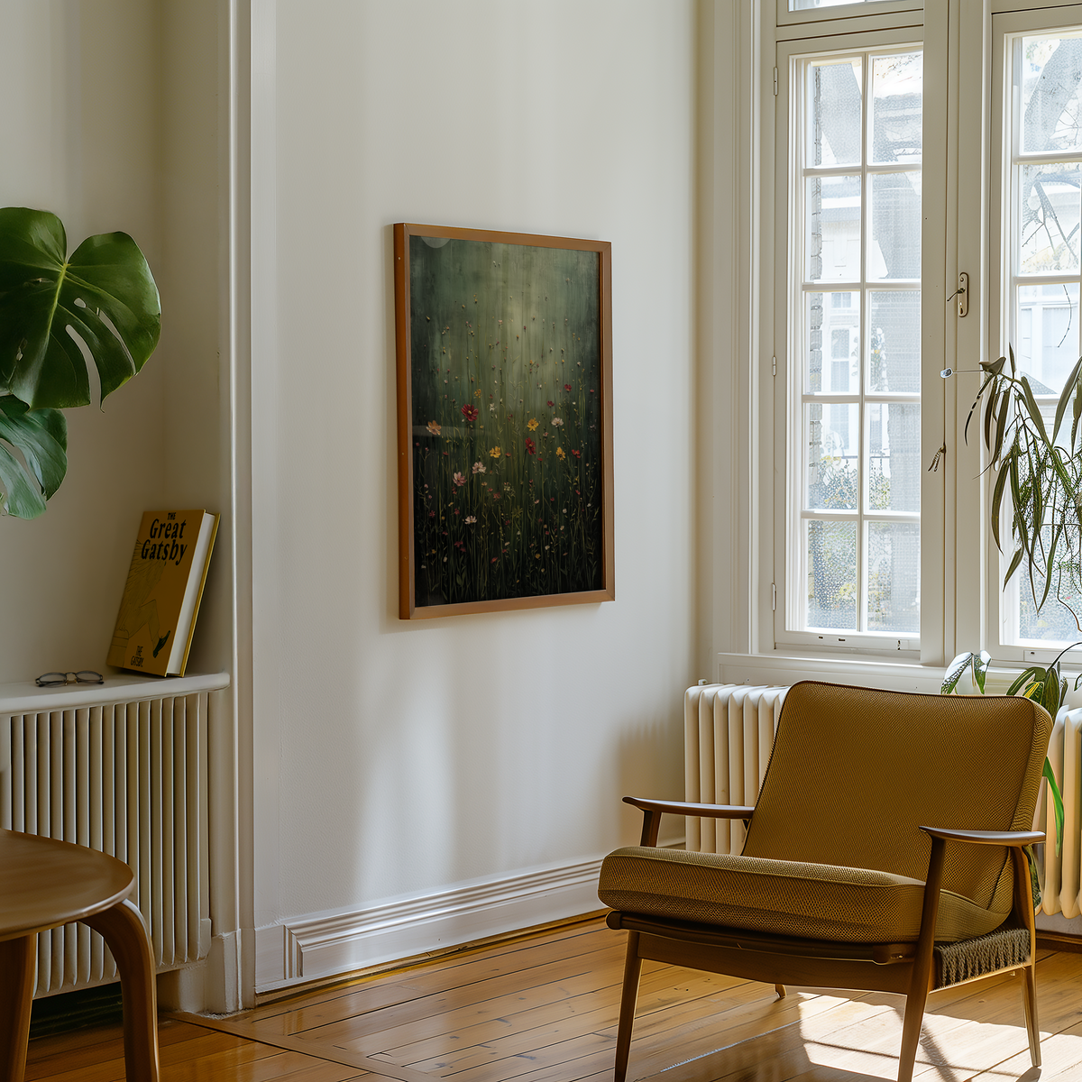 Mockup av Whispering Meadow affisch på vägg – köp enkelt hos Bozetto i hög kvalitet
