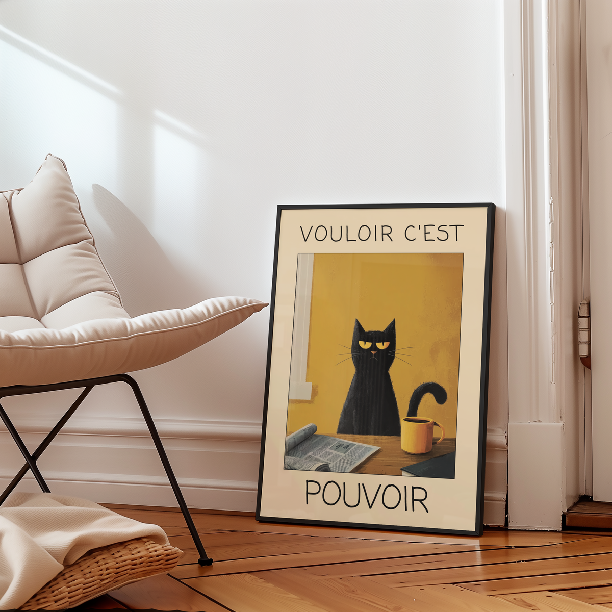 Mockup av Morning Authority Cat affisch på vägg – köp enkelt hos Bozetto i hög kvalitet