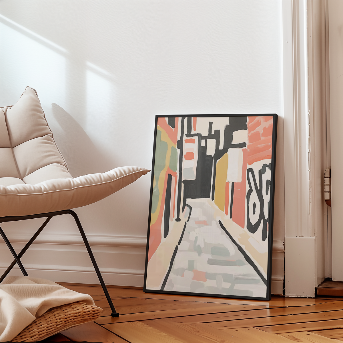 Mockup av Backstreet Geometry affisch på vägg – köp enkelt hos Bozetto i hög kvalitet