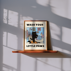 Mockup av Wash Your Little Paws affisch på vägg – köp enkelt hos Bozetto i hög kvalitet