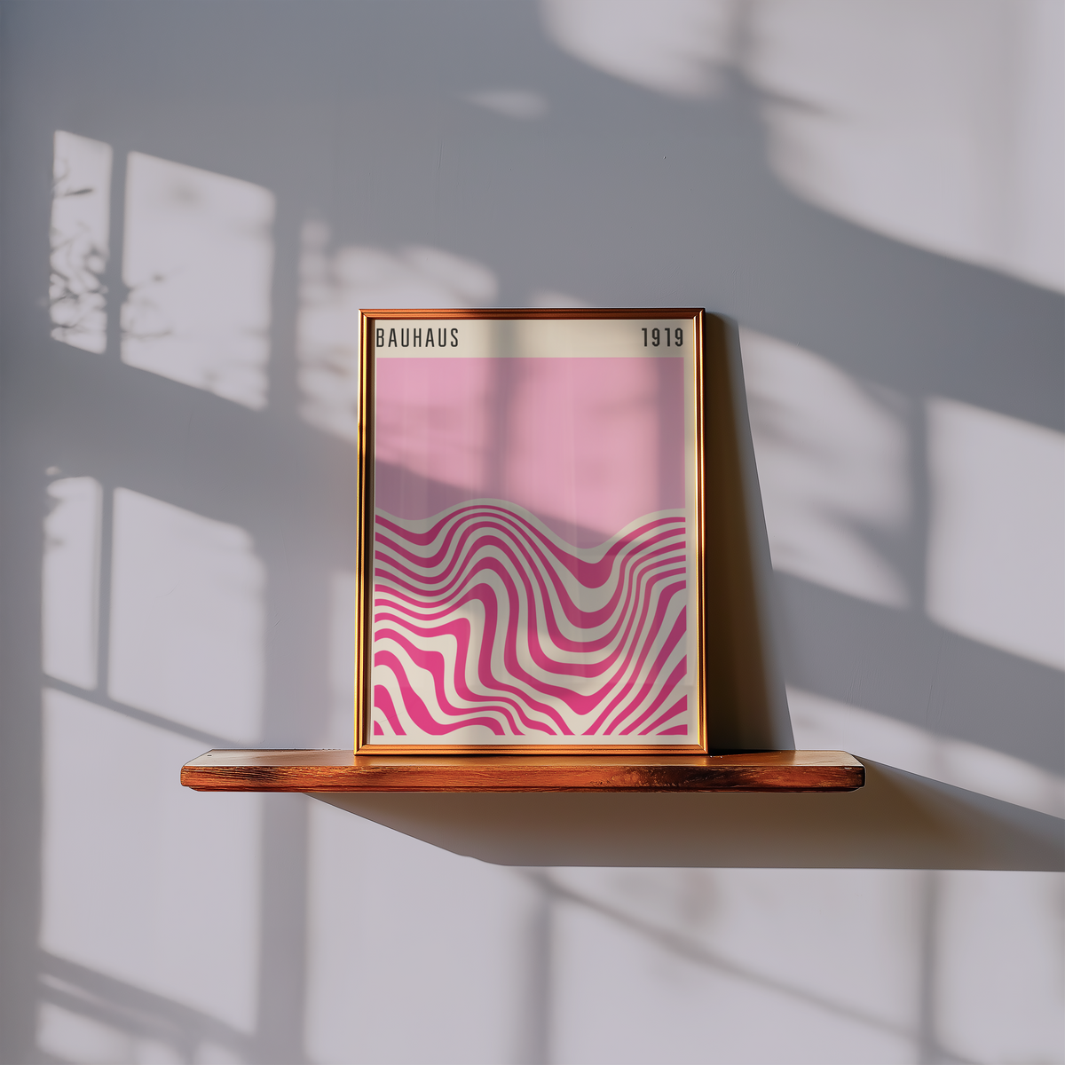 Mockup av Bauhaus Pink Waves No.2 affisch på vägg – köp enkelt hos Bozetto i hög kvalitet