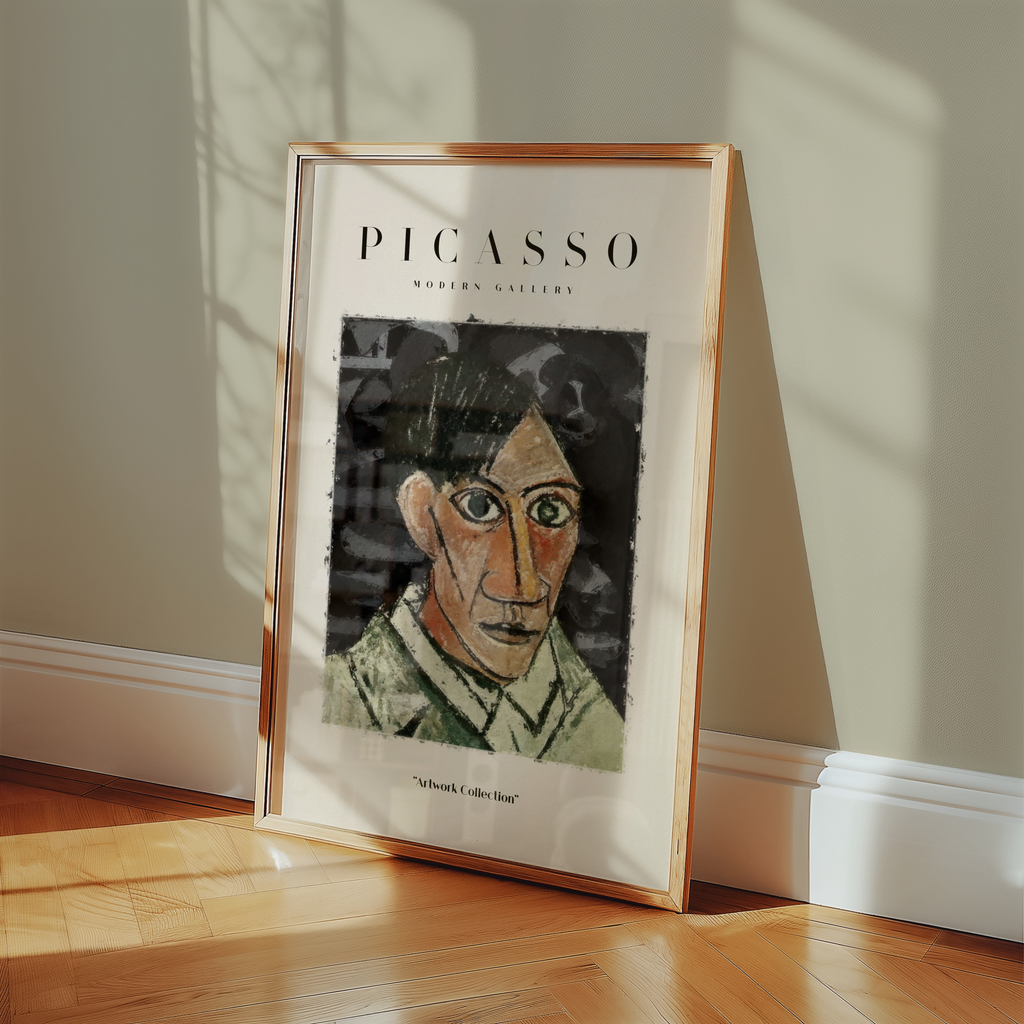 Mockup av Picasso Somber Self Portrait affisch på vägg – köp enkelt hos Bozetto i hög kvalitet