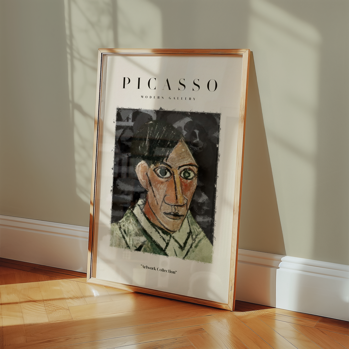 Mockup av Picasso Somber Self Portrait affisch på vägg – köp enkelt hos Bozetto i hög kvalitet