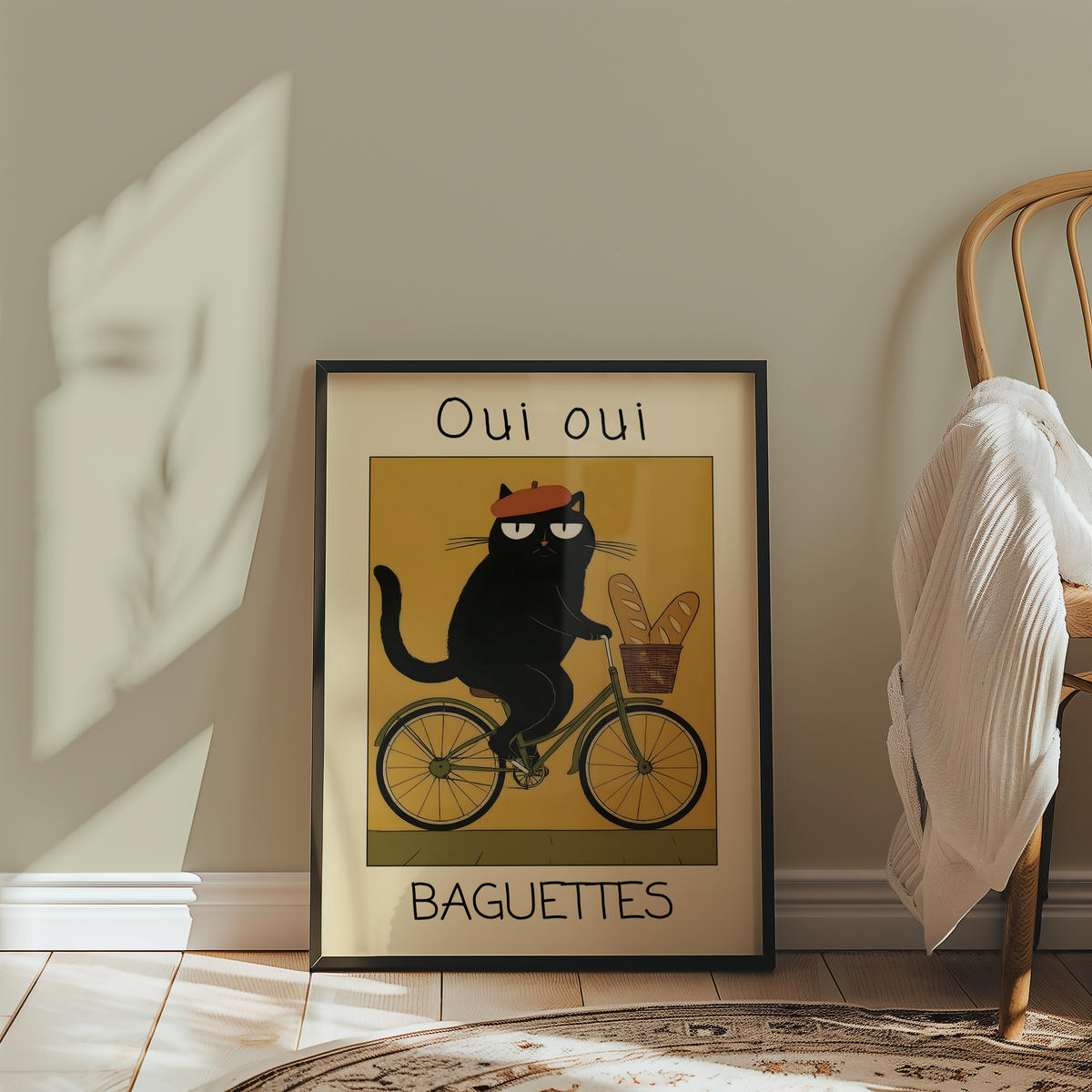 Mockup av French Baguette Cat affisch på vägg – köp enkelt hos Bozetto i hög kvalitet