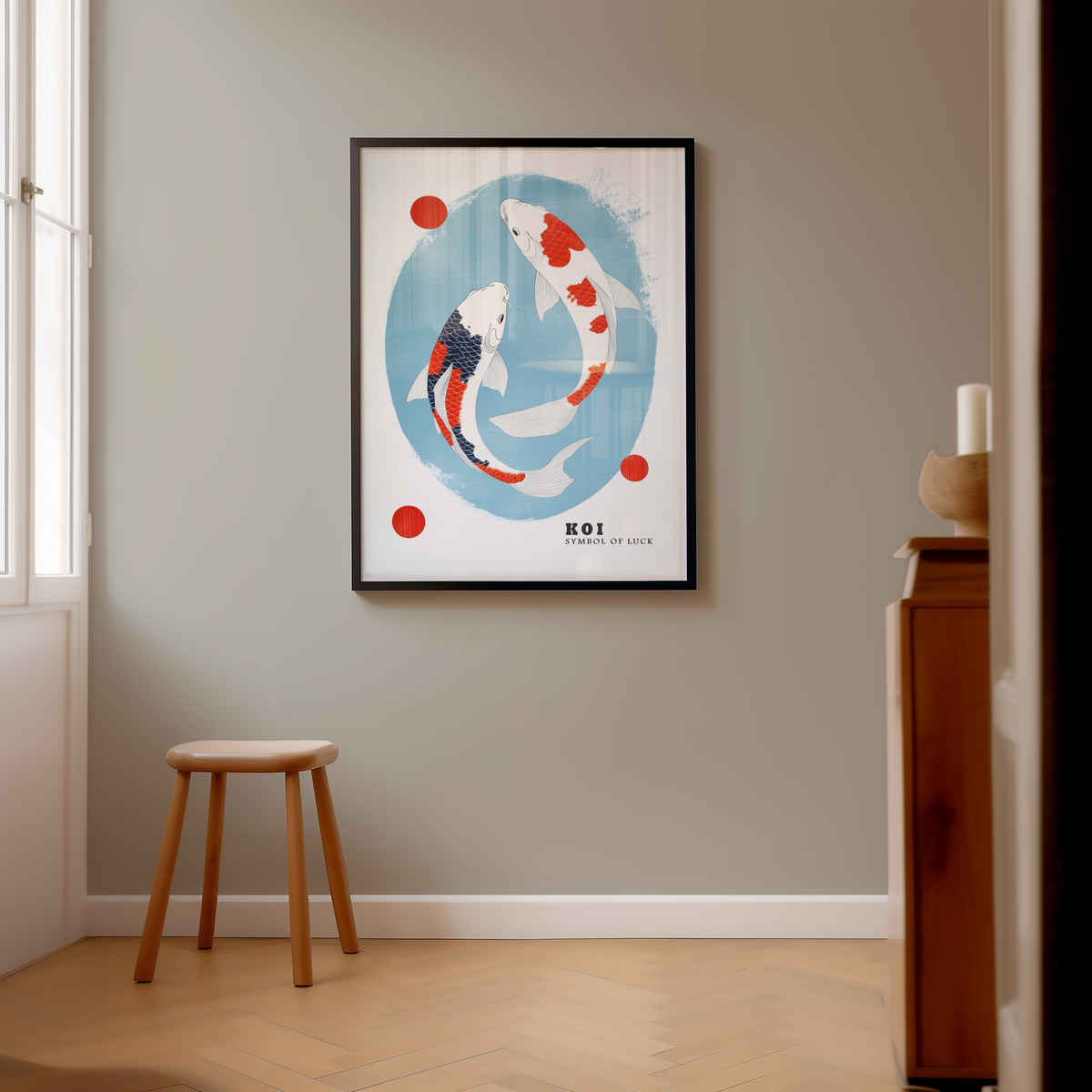 Väggmockup av Yin Yang Koi affisch på ljus tegelvägg – Bozetto konsttryck i hög tryckkvalitet