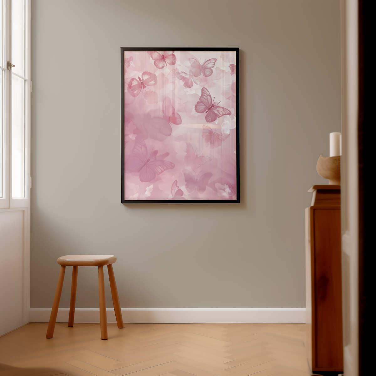 Mockup av Pink Flutter Dream affisch på vägg – köp enkelt hos Bozetto i hög kvalitet