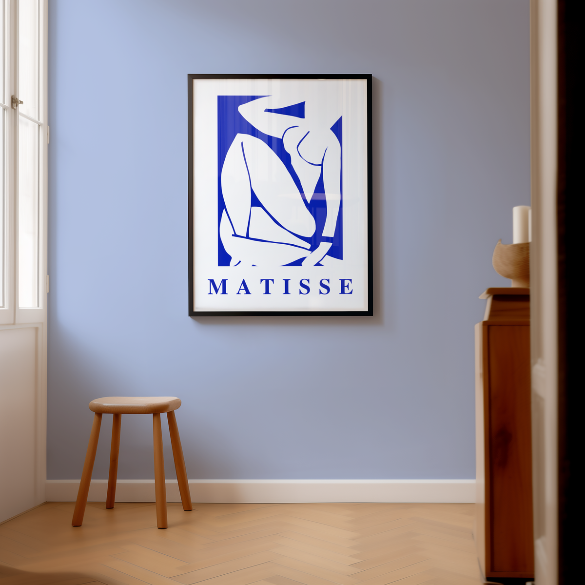 Mockup av Henri Matisse Indigo affisch på vägg – köp enkelt hos Bozetto i hög kvalitet