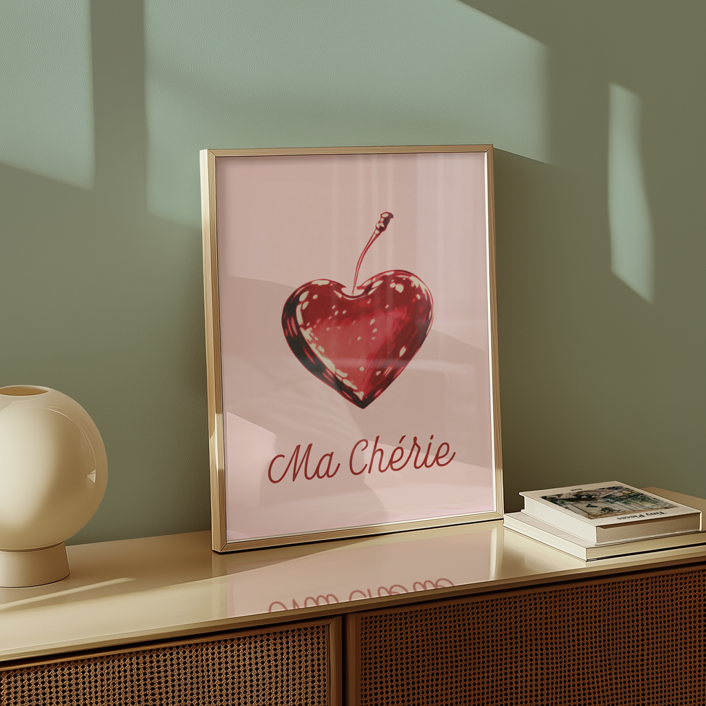 Mockup av Ma Chérie Cherry Heart affisch på vägg – köp enkelt hos Bozetto i hög kvalitet