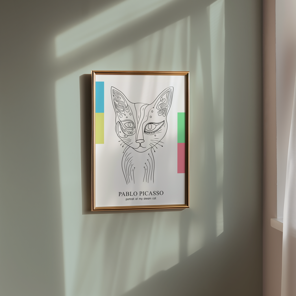 Mockup av Picasso Abstract Cat affisch på vägg – köp enkelt hos Bozetto i hög kvalitet