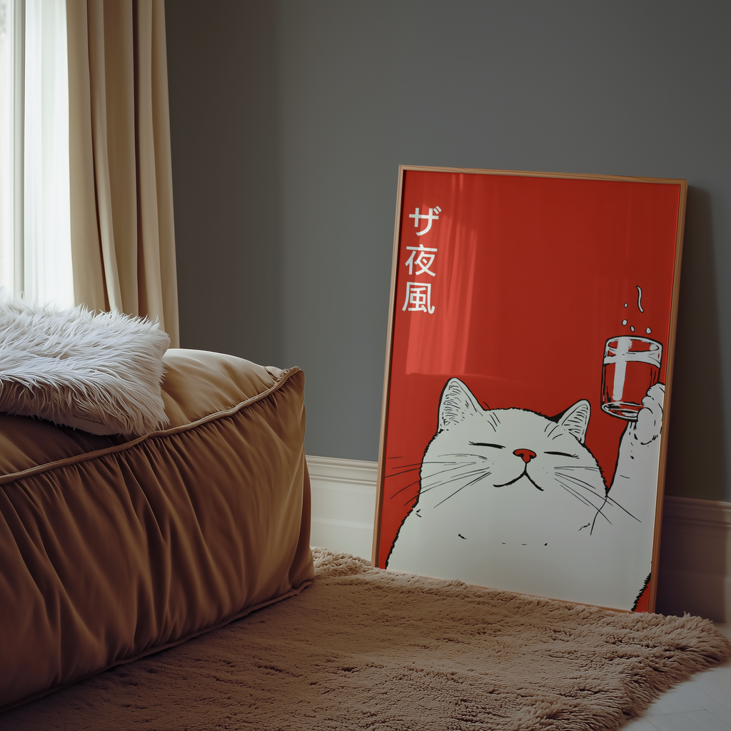 Mockup av Midnight Toast Cat affisch på vägg – köp enkelt hos Bozetto i hög kvalitet